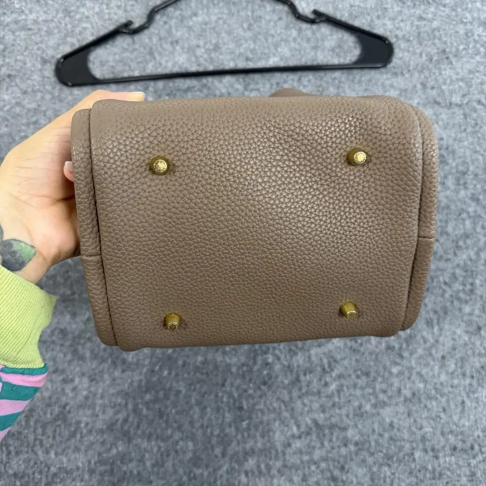 Songmont Mini Tote Bag in Taupe Pebbled Leather Top Handle Bucket Minimalist